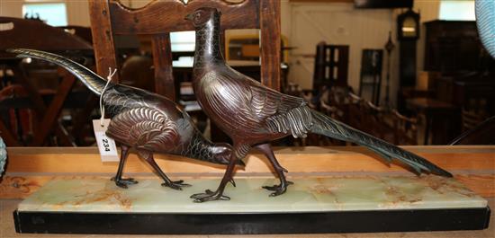 French Art Deco bronzed metal group of two pheasants(-)